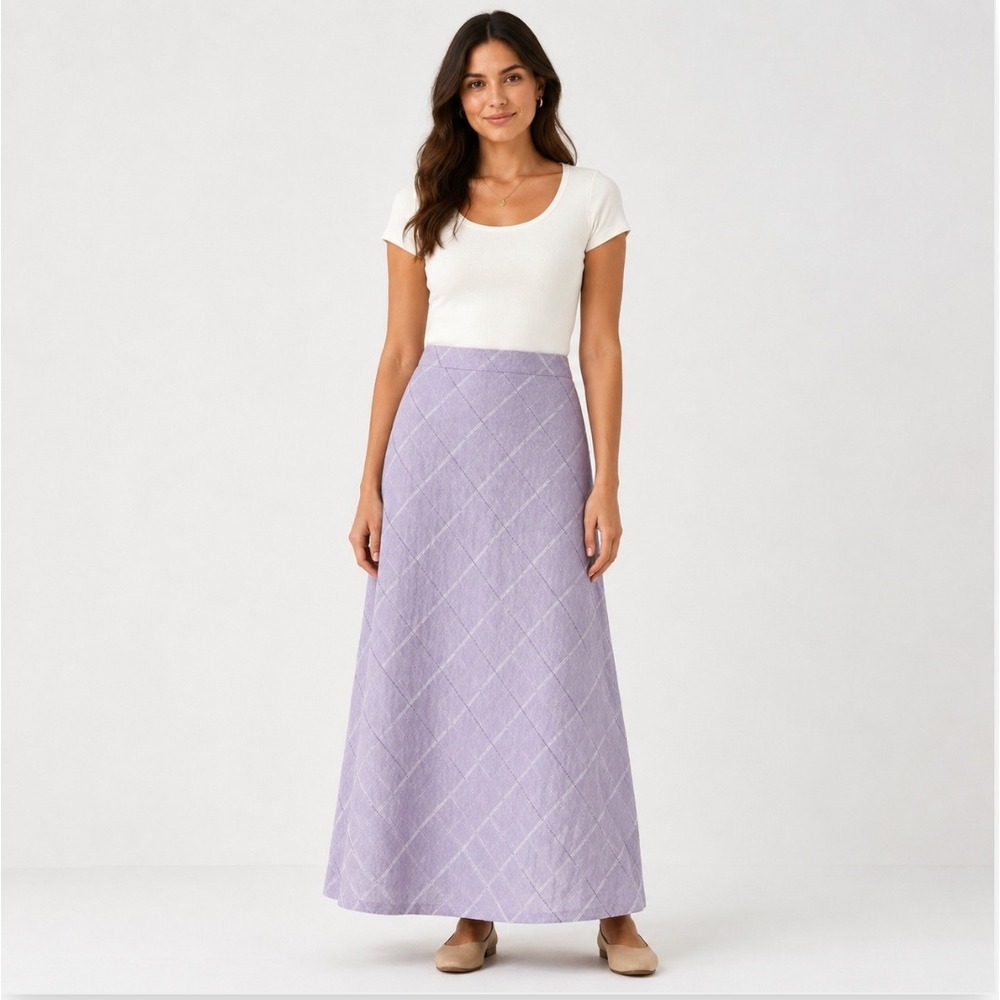 Laura Ashley Linen Blend Maxi Skirt 12 Lilac Plaid Bias Cut Prairie Cottagecore